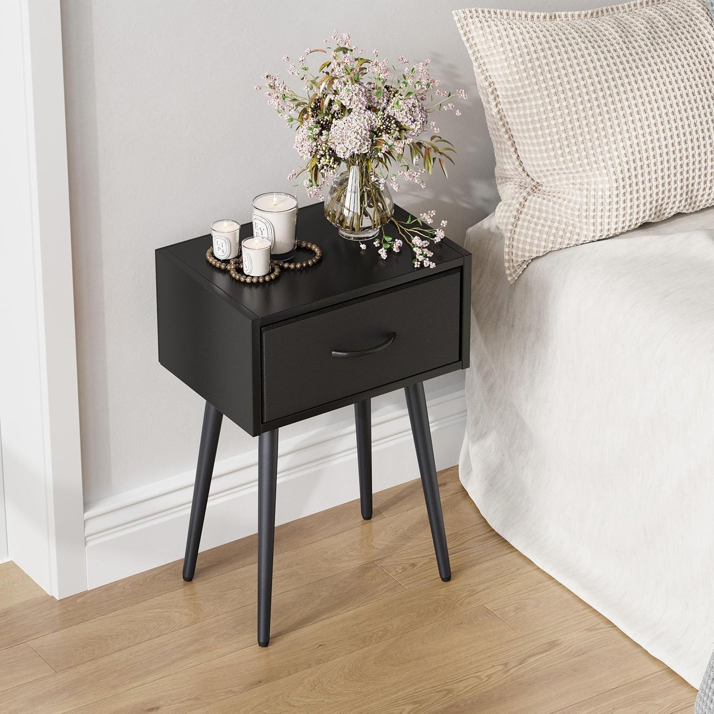 Black Nightstands Set of 2, Small Bedside Table with Fabric Drawer, Modern End Table with Metal Leg, Couch Side Table for Bedroom Living Room, Sofa, Office LNT504B