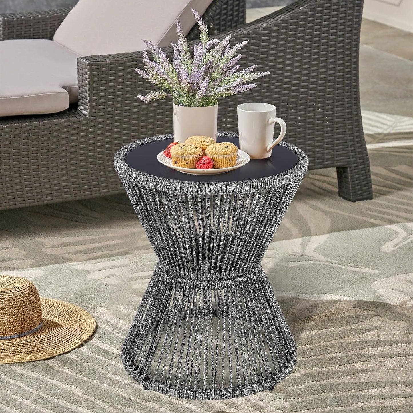 LEWIS&WAYNE Small Outdoor Side Table Patio 20’’ H Woven Rope Hourglass End Table with Glass Top Round Coffee Table for Living Room Outdoor Patio Backyard Poolside (Gray)