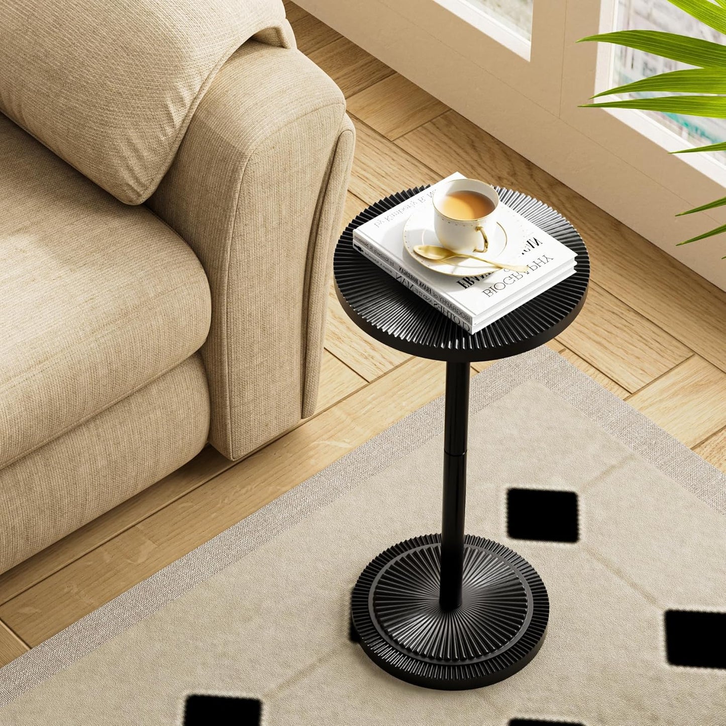 Carved Drink Table, Round Small Side Table for Small Spaces, Modern Accent Tables, End Tables with Carved Top & Base for Living Room, Bedroom, Corners, and Office (Black, 11.81 inch)