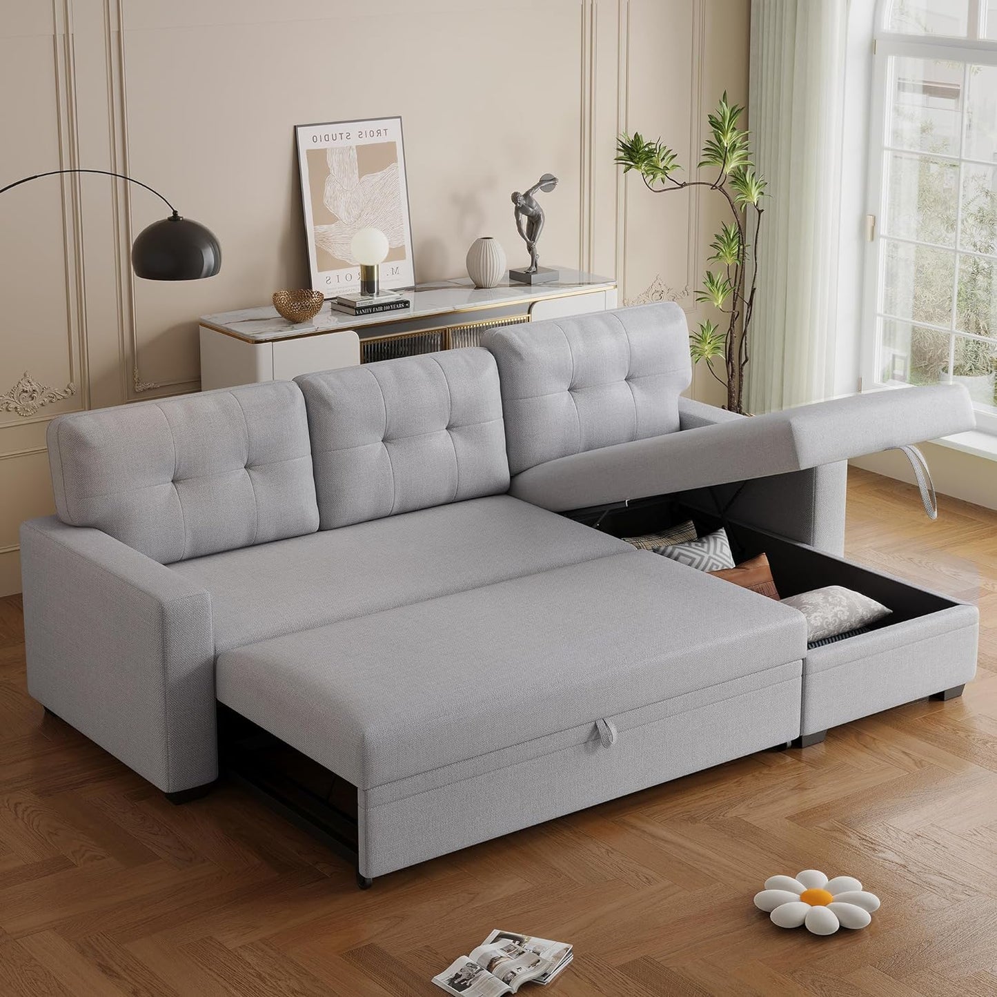 Ball & Cast L-Shape Convertible Sectional Sleeper Sofa Bed 4 in 1 Pull Out Couch with Reversible Storage Chaise & Removable Back Cushions,Sleeper Corner Couch Pull Out Sofa Bed for Living Room,Office