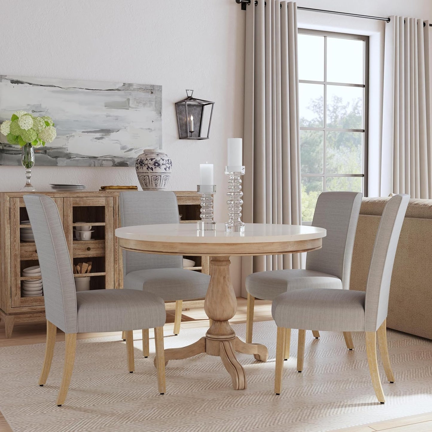 HomePop Scalloped Detail Dining Chair|Upholstered Parsons Dining Chairs |Decorative Home Furniture, Light Gray Woven (Set of 2)