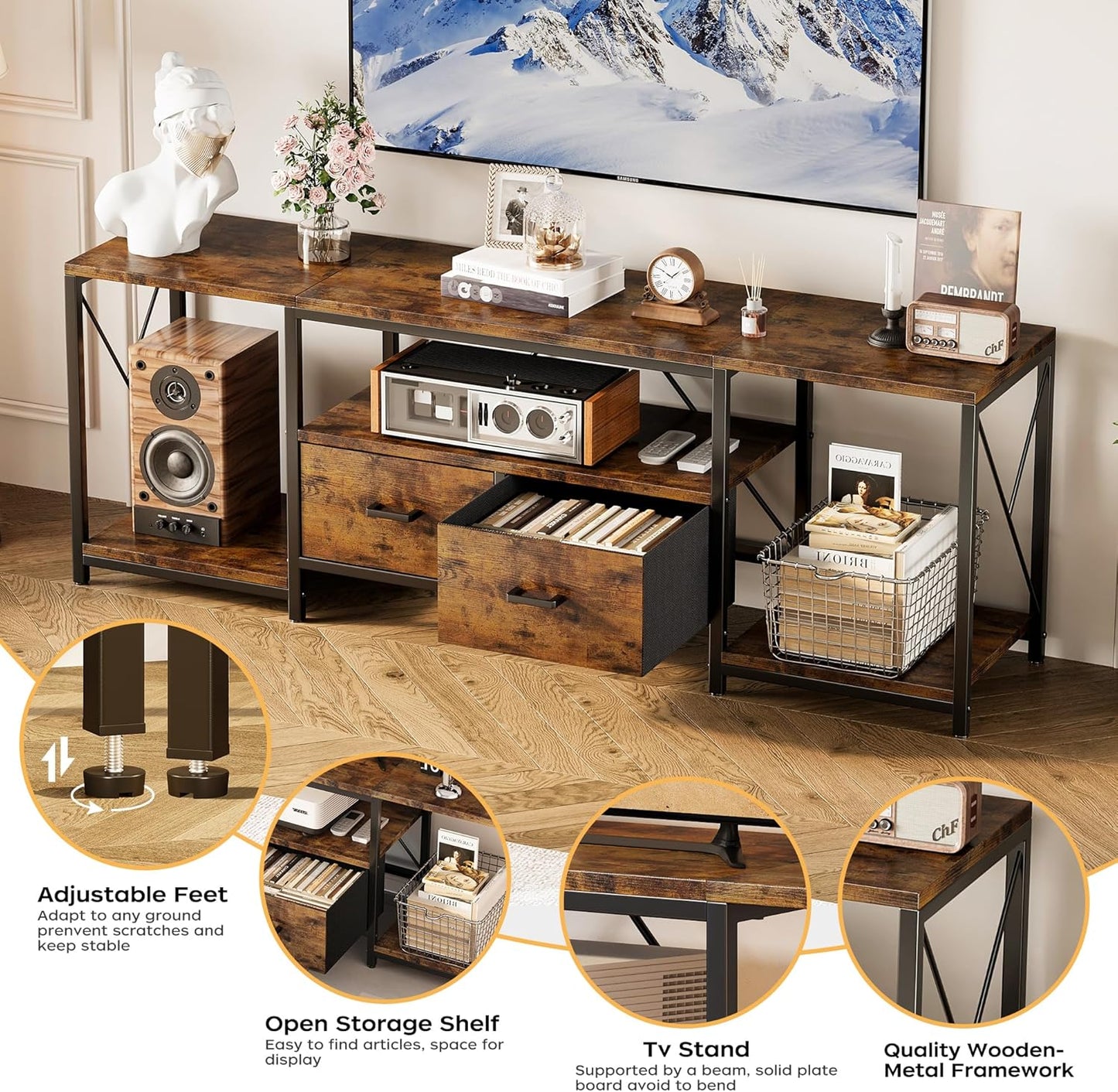 Homeiju TV Stand for TVs up to 75 Inch, Entertainment Center with Fabric Drawers, TV Media Console Table with Open Storage Shelves for Living Room, Bedroom, Rustic Brown