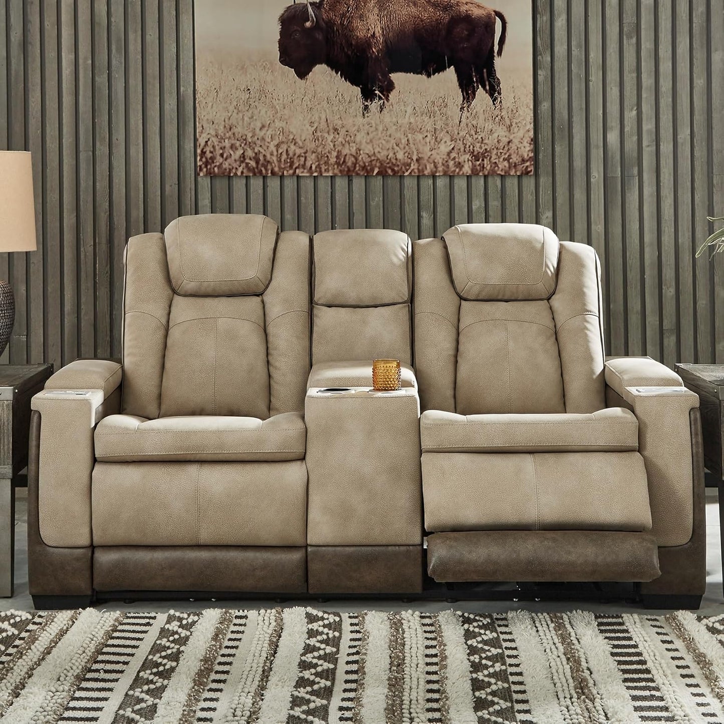 Signature Design by Ashley Next-Gen DuraPella Power Reclining Loveseat with Console & Adjustable Headrest, Sand