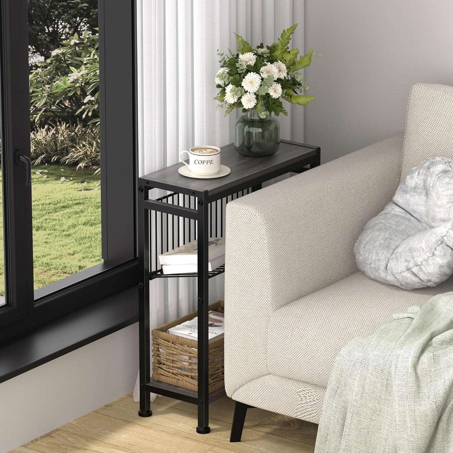 End Table Set of 2 for Small Space, 3-Tier Narrow Side Table with Magazine Holder,Slim Nightstand, Skinny Snack Couch Table in Living Room, Bedroom Study and Balcony (Grey)