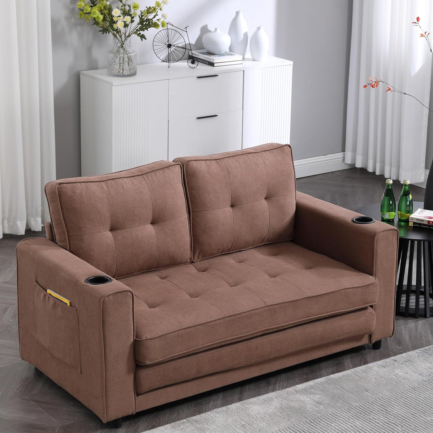 ERYE 3 Fold Tufted Upholstered Futon Sofa Bed Modern Convertible Foldable Floor Loveseat Sofabed with Pull Out Sleeper Couch Daybed W/Cupholders and Pockets for Living Room