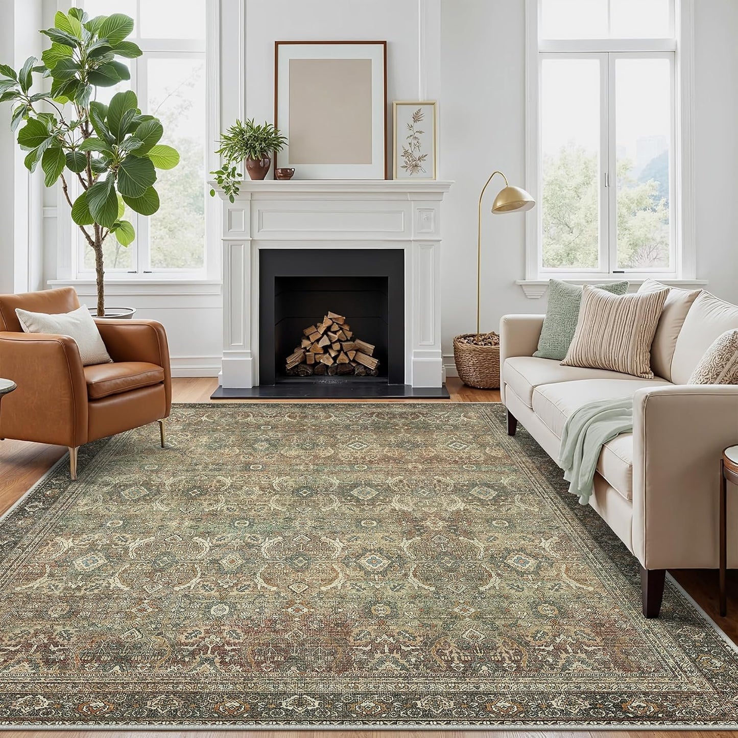 8X10 Area Rugs Machine Washable Rugs for Living Room, Vintage Boho Large Rugs for Bedroom Dining Room, Non Slip Indoor Soft Distressed Lightweight Thin Low Pile Carpet, Green Faded Red