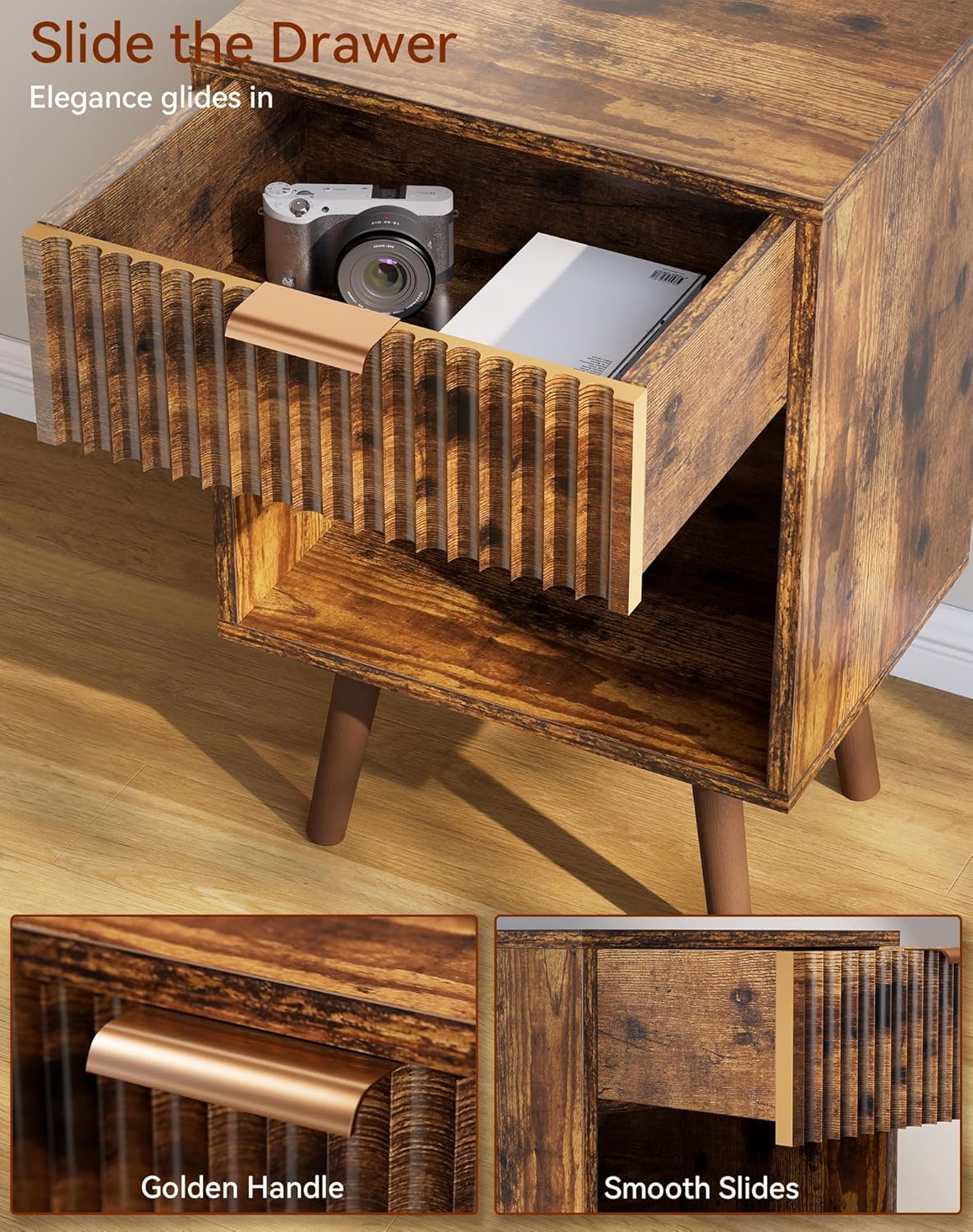 YMYNY Mid Century Modern Nightstand, Side Table, Fluted Night Stand with Drawer, Open Shelf Unit, Golden Handle, Solid Wood Legs, Bedside Table, for Bedroom, Rustic Brown UHST013H