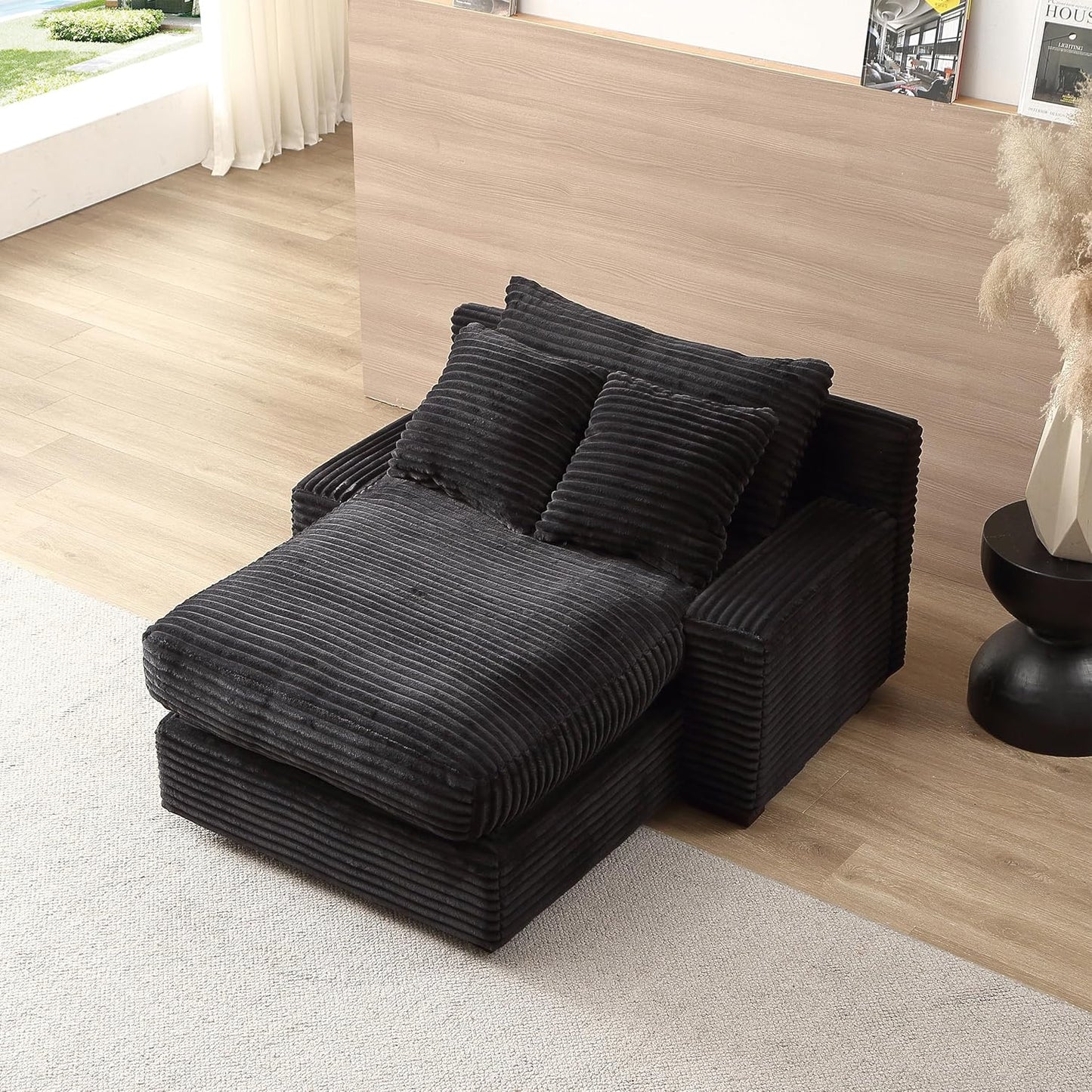 48.8" W Oversized Chaise Daybed Lounge Sleeper Chair Bed for Living Room Reading Bedroom, Indoor Cloud Chaise Sofabed Plush Corduroy Upholstered Sleeper Couch W/3 Pillows for Home/Apartment