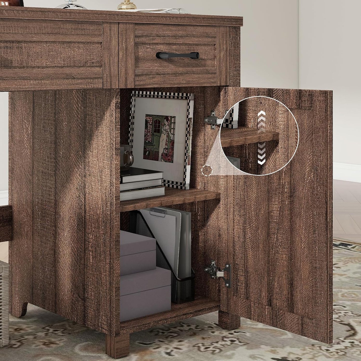 Farmhouse 47" Executive Desk, Computer Desk with Drawers and Storage Cabinet, Workstation Computer Desk for Home Office, Study.Red-Brown