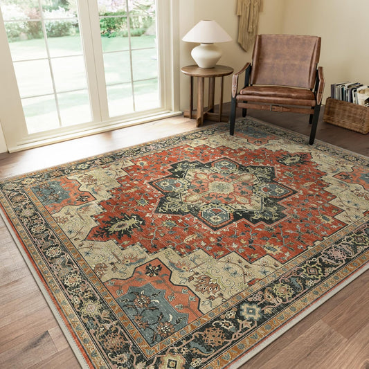 GENIMO 8x10 Area Rugs for Living Room, Machine Washable Non Slip Vintage Rugs, Low Pile Lightweight Chenille Print Rug for Bedroom, Dining Room, Home Office,Desert Ember