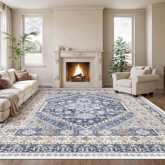 zesthome 10x14 Area Rugs,Stain Resistant Washable Rug,Ultra-Thin Rugs for Living Room,Bedroom,Non-Slip Backing Home Decor Large Area Rug (Blue/Beige,10'x14')