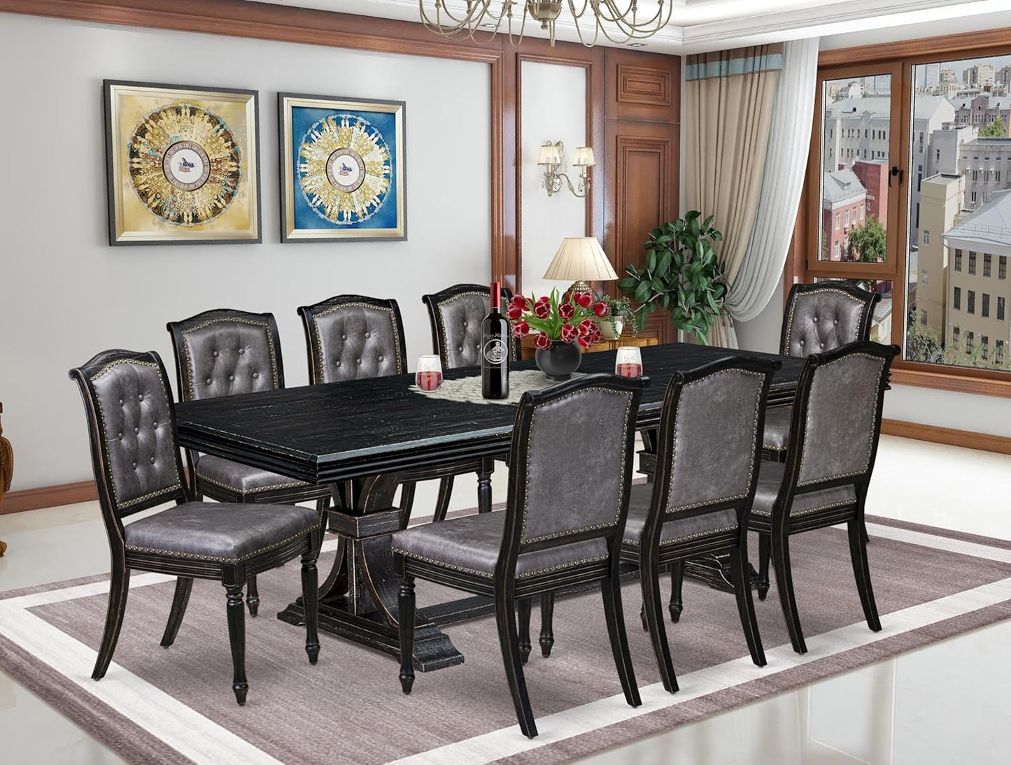 NEMA9-SBB-34 9-pc Modern Dining Set Consists of a Mid Century Dining Table and 8 Dark Grey Polyester Chairs with Button Tufted Back, 44x100 Inch, Sand Blasting Black