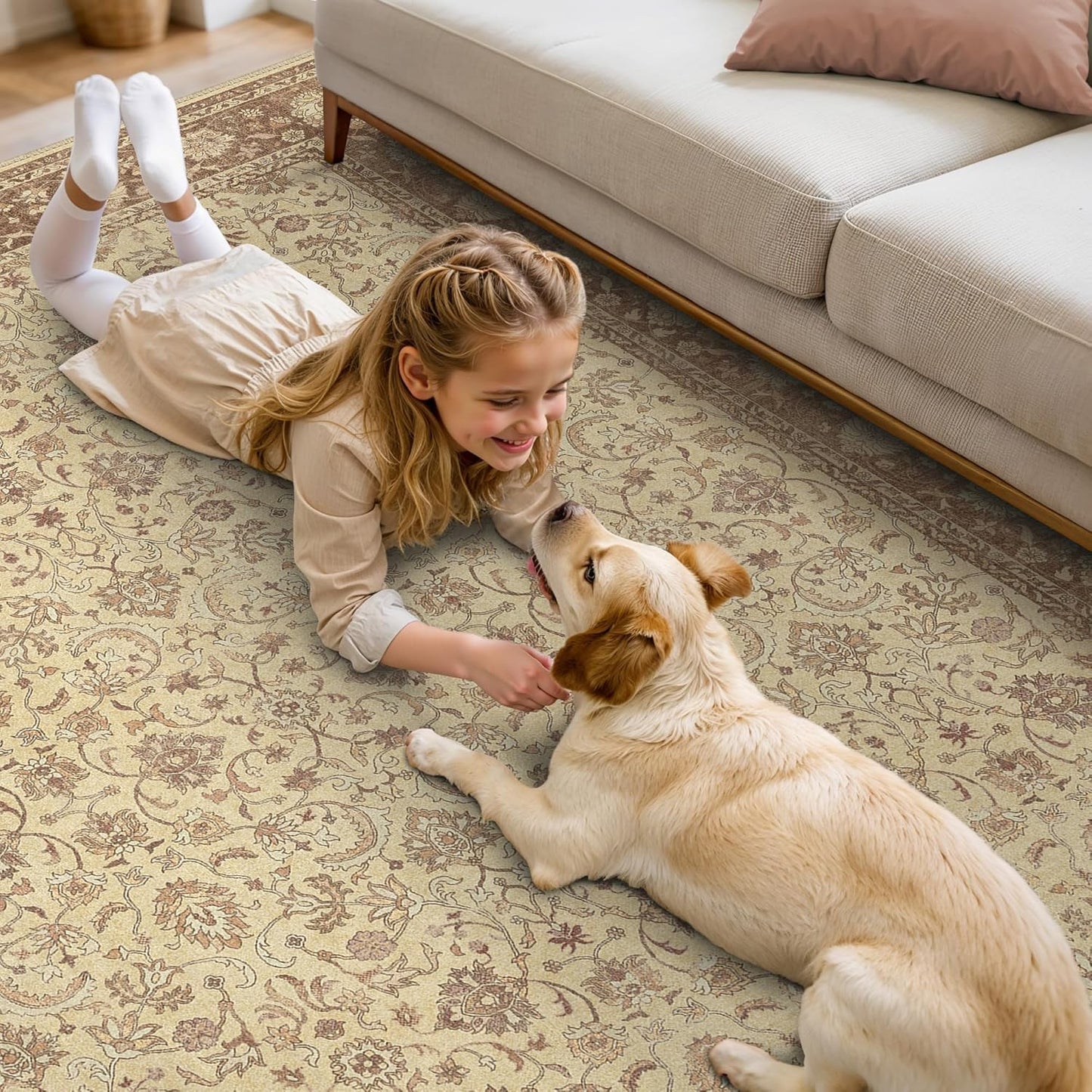 8X10 Area Rugs Machine Washable Rugs for Living Room, Vintage Boho Large Rugs for Bedroom Dining Room, Non Slip Indoor Soft Distressed Lightweight Thin Low Pile Carpet, Light Brown