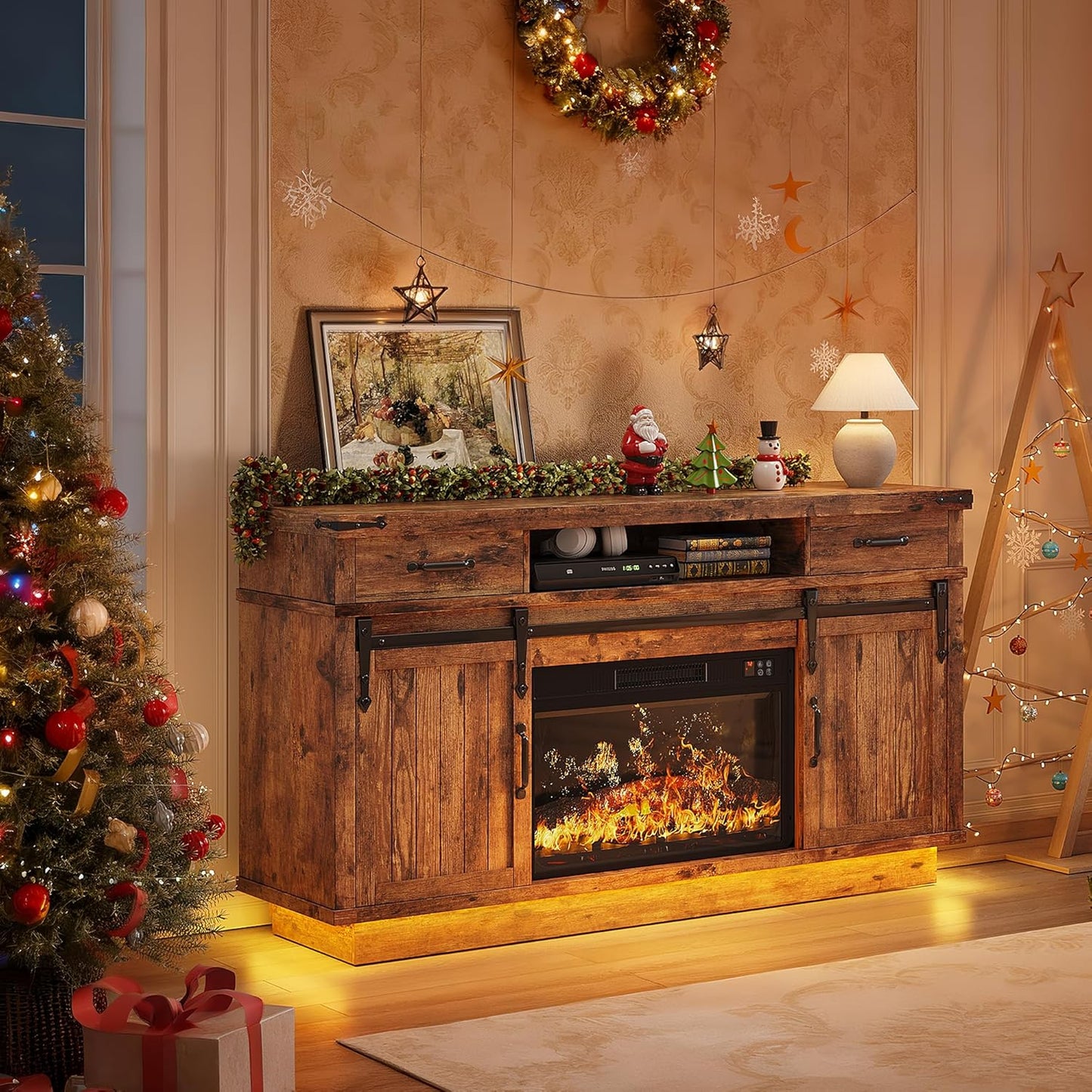 59'' Fireplace TV Stand with 3D Flame Electric Fireplace Heater, 34'' Tall Farmhouse TV Stand for 65 Inch TV, Entertainment Center TV Console with 2 Drawers, Sliding Barn Door for Living Room - Brown