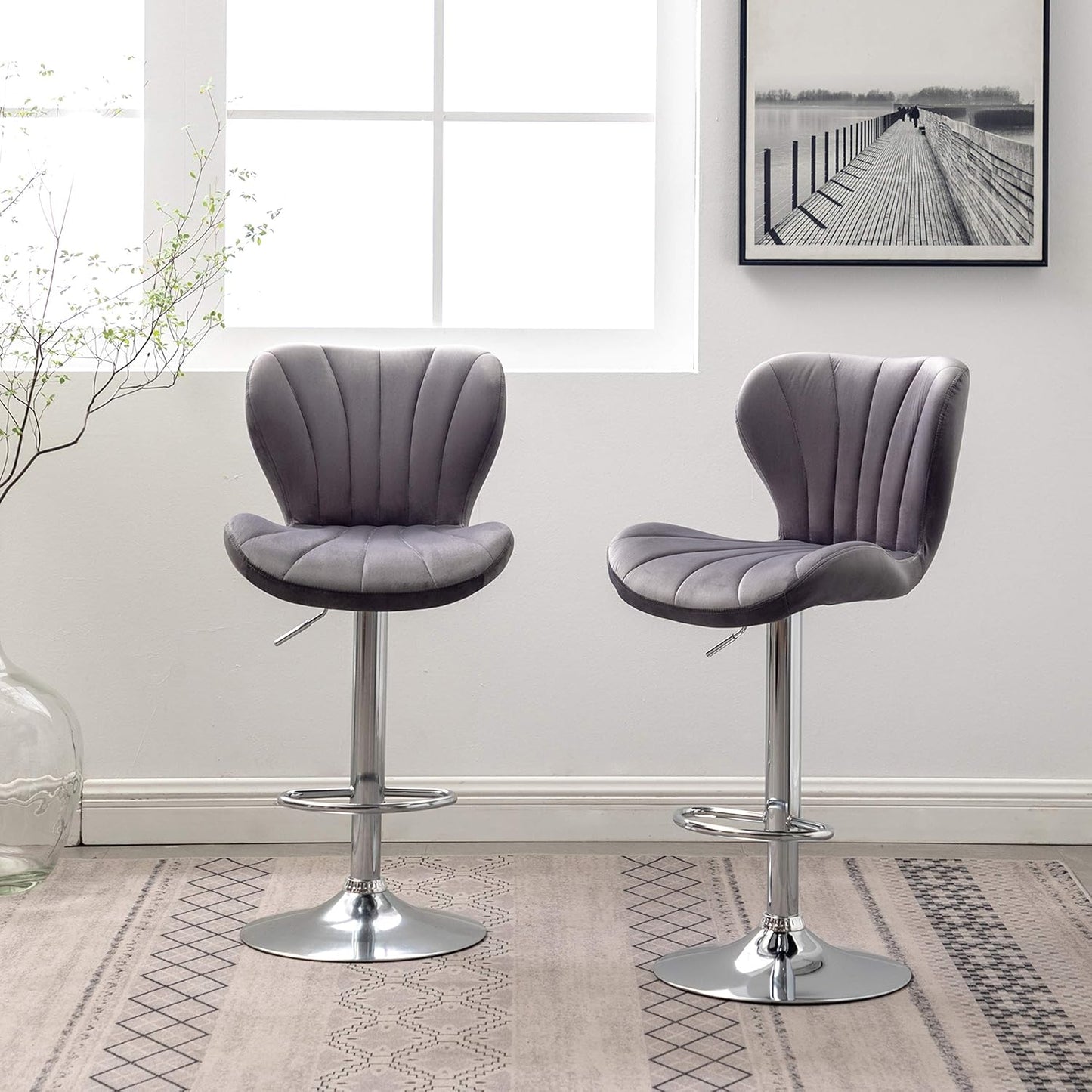 Roundhill Furniture Ellston Velvet Adjustable Swivel Barstools in Gray, Set of 2, Grey