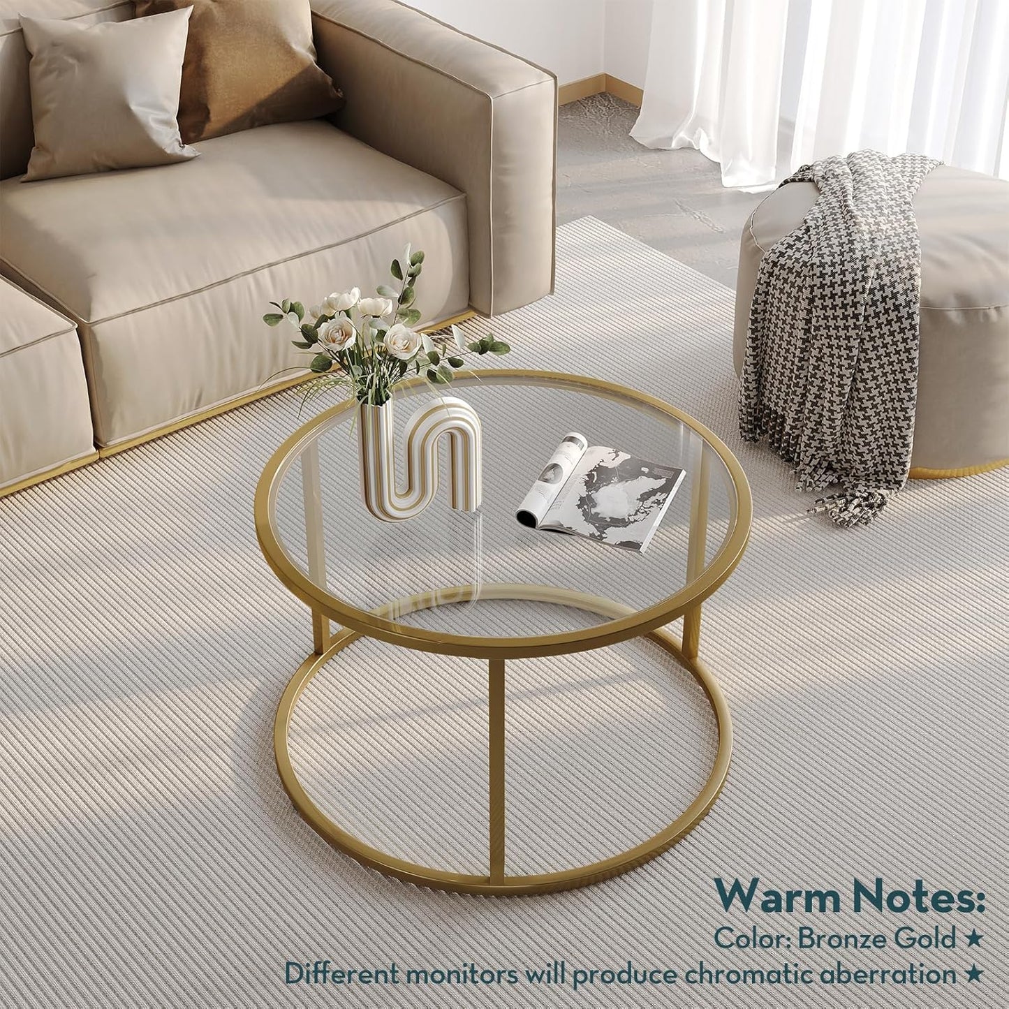 SAYGOER Small Glass Coffee Table Round Gold Coffee Table for Small Space Modern Simple Center Table with Gold Frame for Living Room Home Office, Easy Assembly