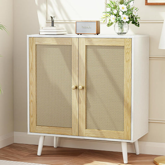 Rattan Storage Cabinet, Small Sideboard Buffets Storage Cabinet with Doors for Kitchen & Entryway Storage, White