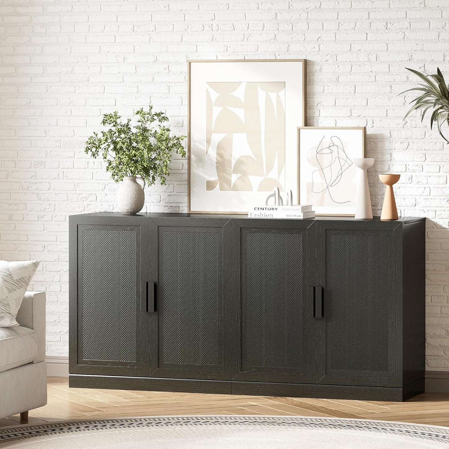Buffet Cabinet, 4-Doors Sideboard Cabinet with Rattan Panels, Buffet Console Accent Table for Hallway Entryway Dining Room, 62", Black