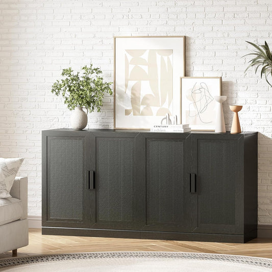 Buffet Cabinet, 4-Doors Sideboard Cabinet with Rattan Panels, Buffet Console Accent Table for Hallway Entryway Dining Room, 62", Black
