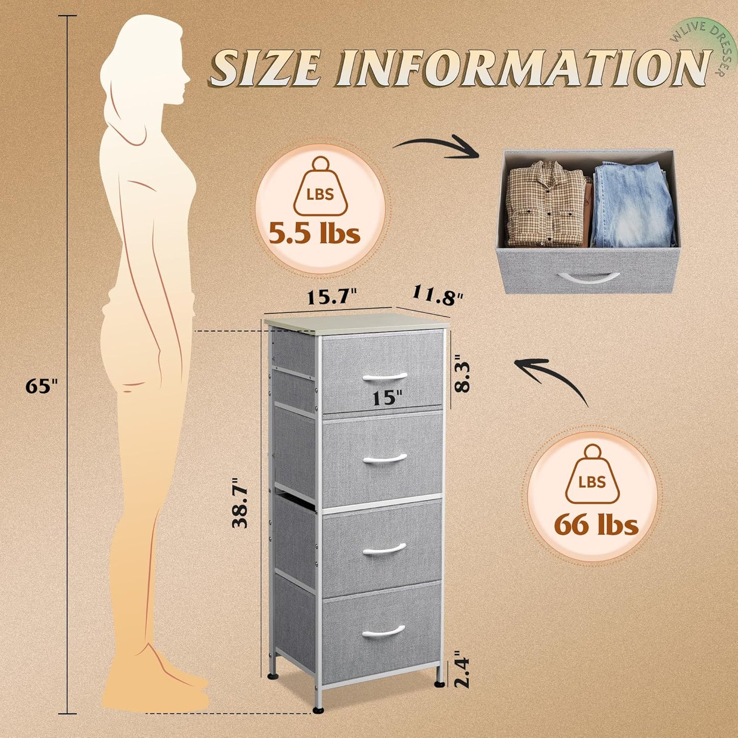 WLIVE 4 Drawers Dresser for Bedroom, Light Grey Fabric Clothes Storage Organizer Unit, Dresser for Hallway, Entryway, Closets, Sturdy Steel Frame, Wood Top