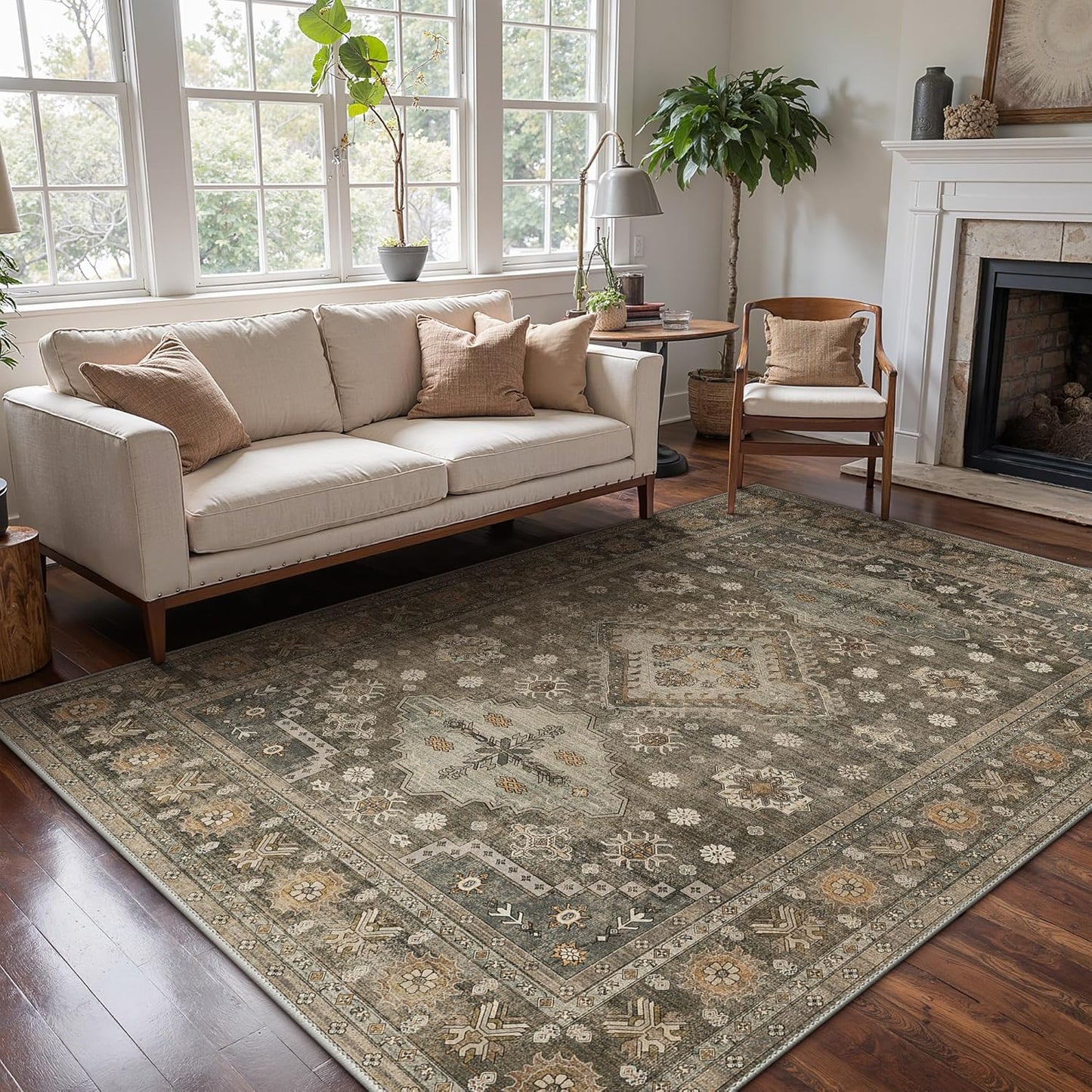 GENIMO 8x10 Area Rugs for Living Room, Machine Washable Low Pile Rugs, Non Slip Vintage Rug for Bedroom, Dining Room, Home Office, Kitchen, Distressed Deep Brown