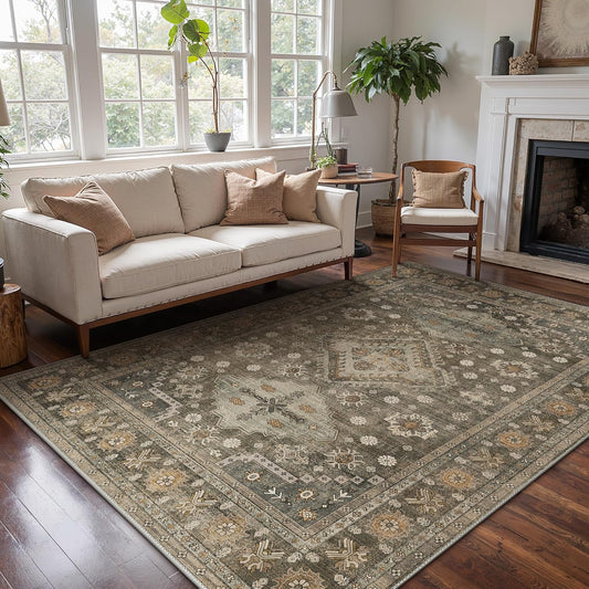 GENIMO 8x10 Area Rugs for Living Room, Machine Washable Low Pile Rugs, Non Slip Vintage Rug for Bedroom, Dining Room, Home Office, Kitchen, Distressed Deep Brown