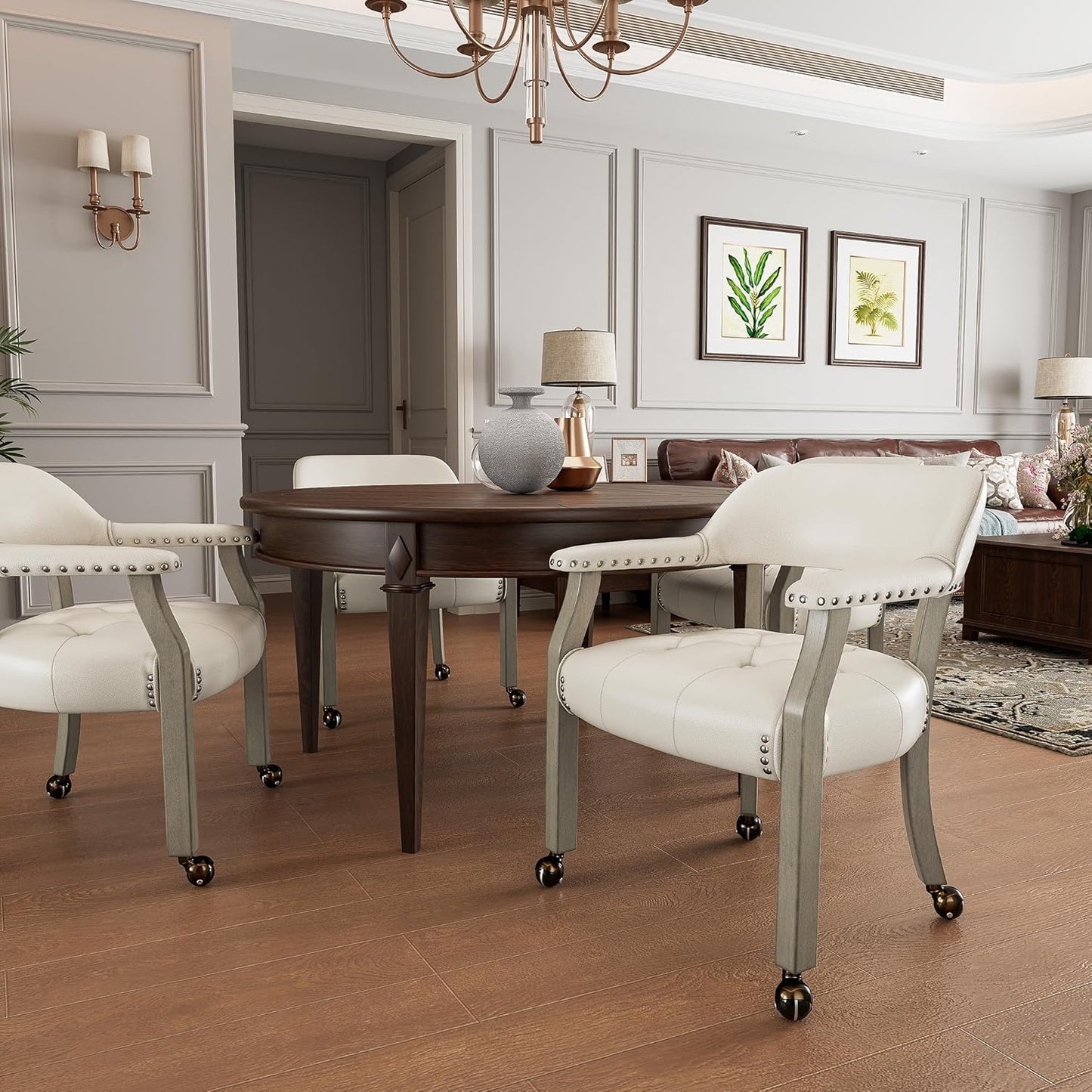 LEEMTORIG Large Dining Chairs with Casters and Arms, Rolling Dining Chairs with Wheels, Accent Game Poker Table Chairs, Solid Wood Office Chairs, 26“Dx25.2 Wx31.5“H, Grey Legs & Ivory PU SY-1318-WT