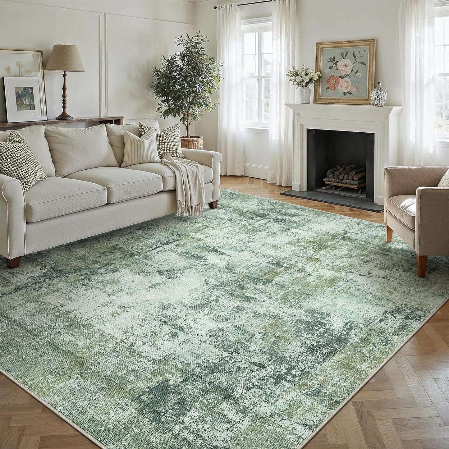 9x12 Area Rug Dark Green Modern Neutral Abstract Living Room Bedroom Indoor Floor Carpet Low Pile Soft Non-Slip Lightweight Vacuumable Washable Large Throw Rug for Nursery Dining Room