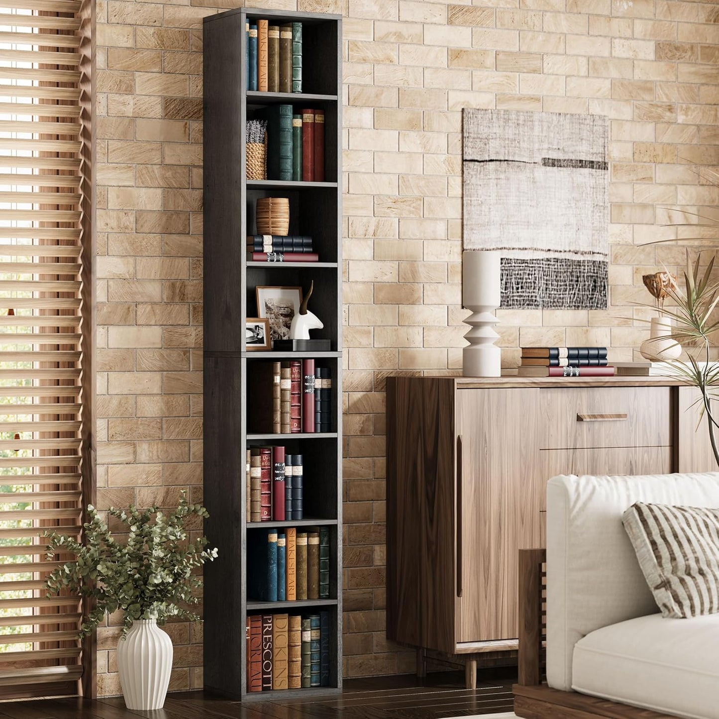 IRONCK Tall Narrow Bookshelf 8 Tiers, Compact Corner Bookcase, Easy to Match for Living Room, Office, Study, Bedroom