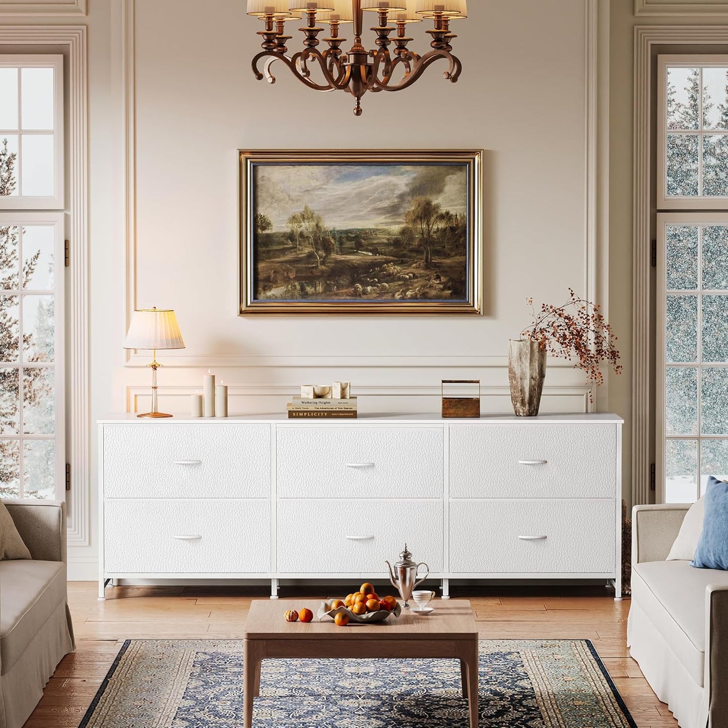 Huuger 63 Inch Long Dresser for Bedroom, Wide TV Stand for 55, 65, 70 Inch TV, 6 Drawer Dresser for Closet with Fabric Drawers, Storage Organizer for Bedroom, Entryway, PU Leather, White