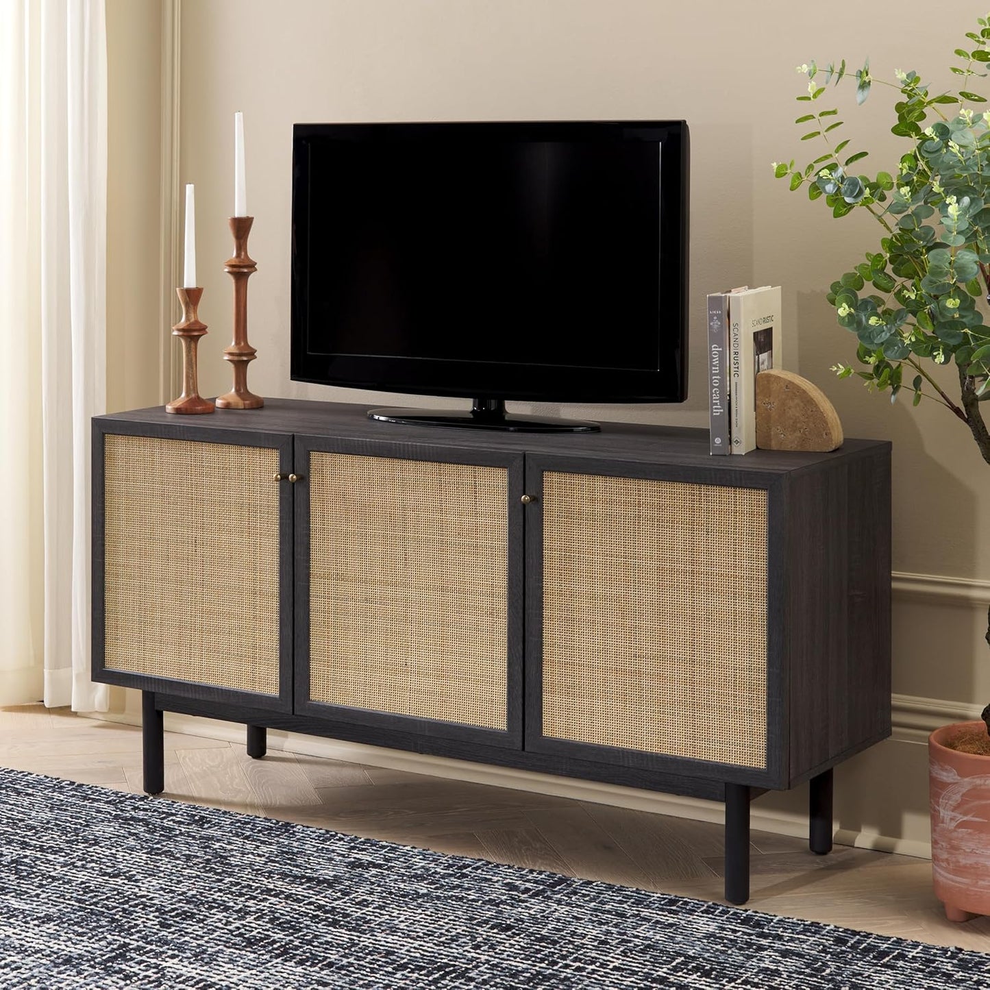 SAFAVIEH Aino TV Stand for up to 60" Flatscreen – Distressed Black with Rattan Mesh, 3 Doors with Interior Storage, Sideboard Cabinet, Entertainment Media Console (MED9618E)