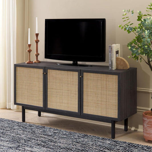 SAFAVIEH Aino TV Stand for up to 60" Flatscreen – Distressed Black with Rattan Mesh, 3 Doors with Interior Storage, Sideboard Cabinet, Entertainment Media Console (MED9618E)