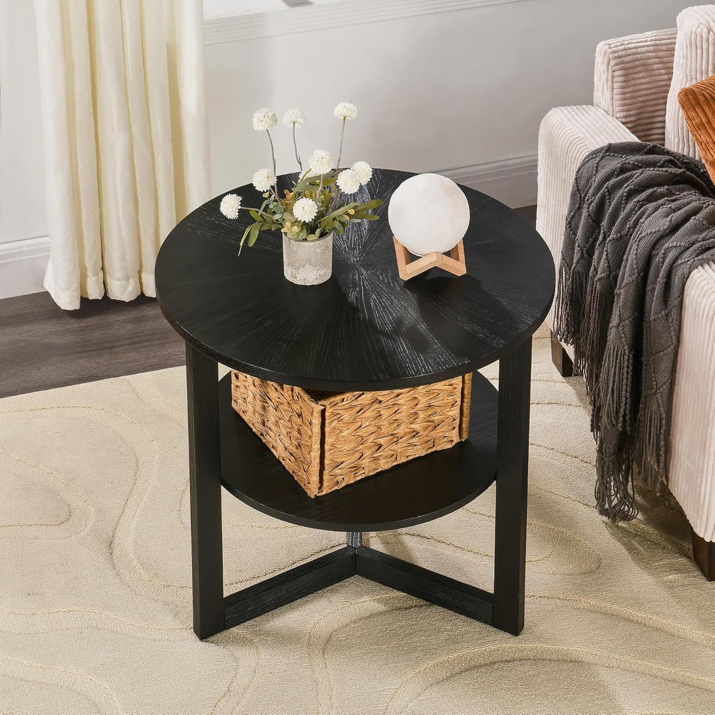Large Round End Table with Storage Shelf, Rustic Beside Tables with Umbrella Top,Traditional Circular Sofa Side Table, 25.2”D Telephone Table for Living Room Easy Assembly Brushed Black CJZ3338BK