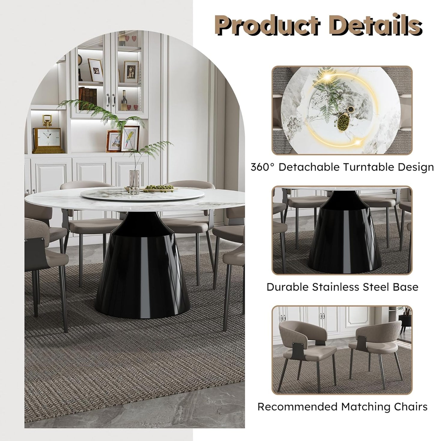 Ball & Cast 9-Piece Dining Set,Faux Marble Table with Detachable Rotating Tray & 8 PU Leather Chairs,Modern Kitchen Dining Room Table Set w/Stainless Steel Base,for Restaurant & Home,Grey