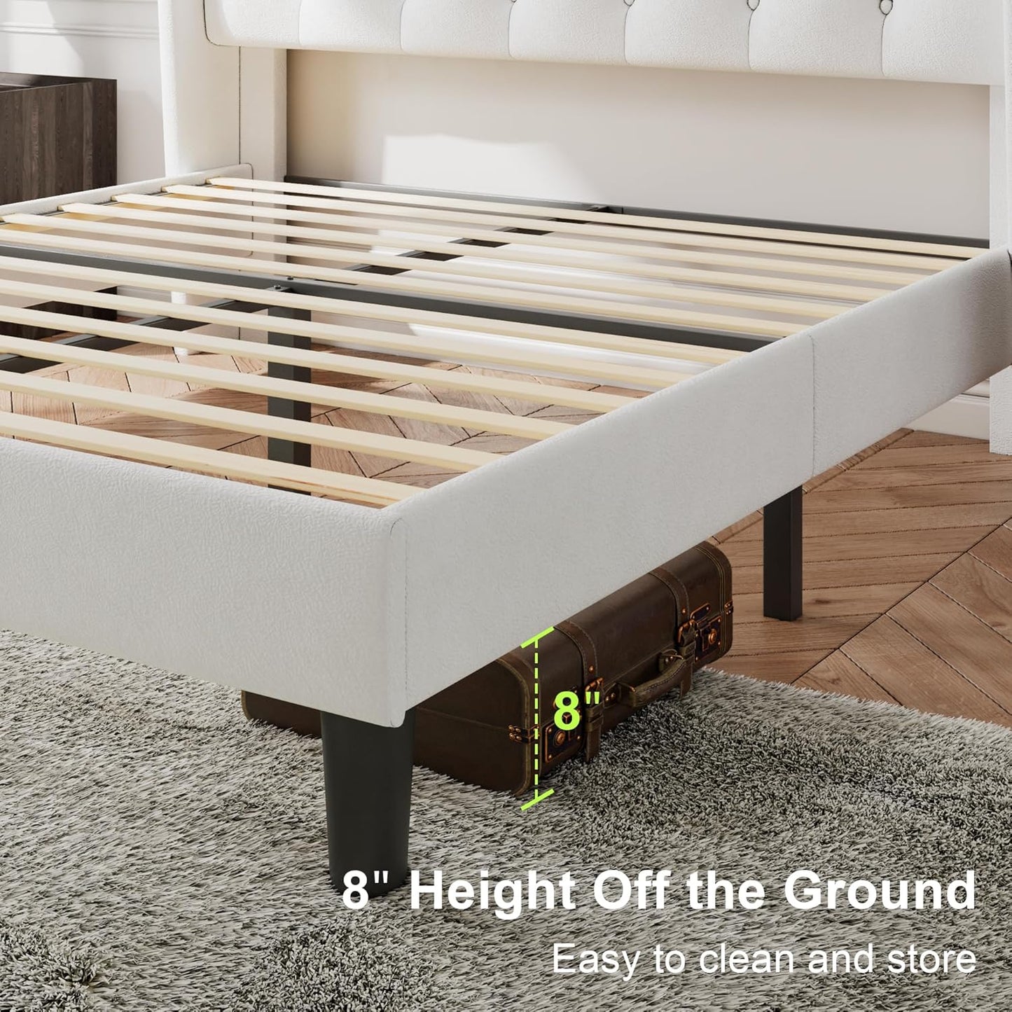 Feonase Queen Size Bed Frame with Diamond Tufted Wingback Headboard, Upholstered Platform Bed, Sturdy Wooden Slats Support, Noise-Free, No Box Spring Needed, Easy Assembly, White