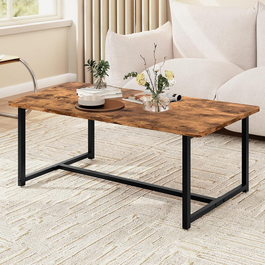 Coffee Table Living Room, Modern Center Table Rectangular, Industrial Furniture, Sofa End Tables/Tea Table/Table Basse De Salon with Metal Black Frame Rustic Brown