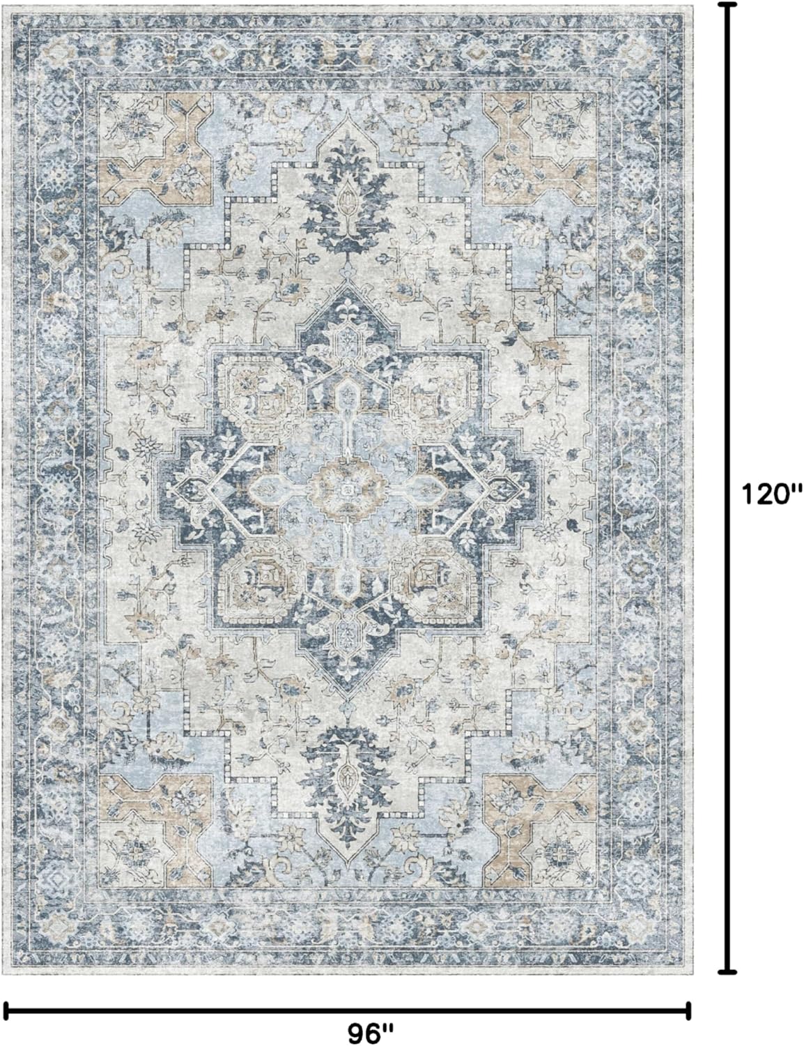 GENIMO 8x10 Area Rugs for Living Room, Machine Washable Non Slip Vintage Rugs, Low Pile Lightweigt Chenille Print Indoor Rug for Bedroom, Dining Room, Home Office, Blue