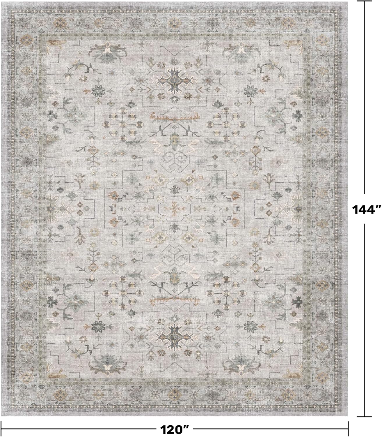 Boho Light Grey Living Room Rug 10x12 - Modern Vintage Eclectic Floral Pastel Neutral Taupe, Washable Low Pile Non-Slip Extra Large Area Rugs for Dining Under Table Bedroom Lounge