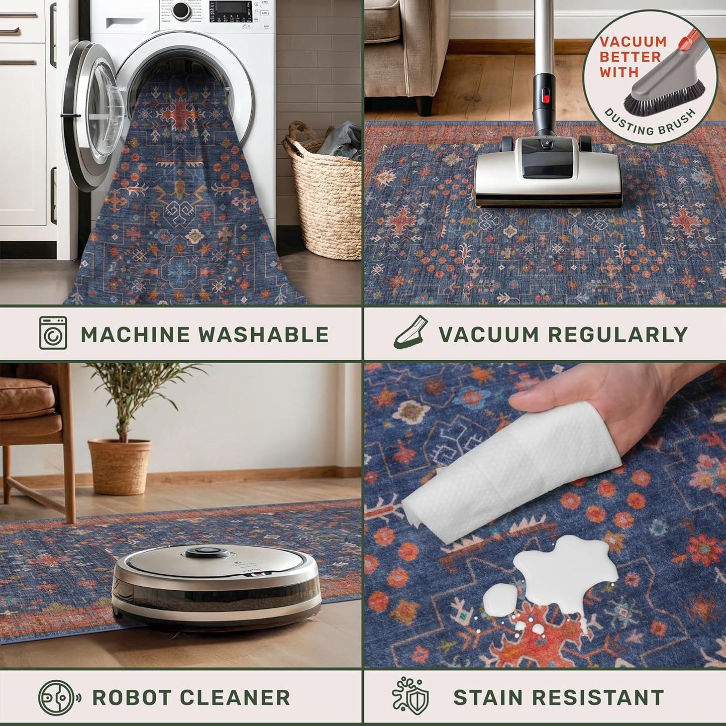 Boho Navy Blue 10x14 Area Rug for Living Room, Extra Large Dining Room Rugs for Under Table, Soft Low Pile Carpet for Bedroom - Vintage Floral Rug, Non-Slip & Stain Resistance (10x14 Navy Blue)