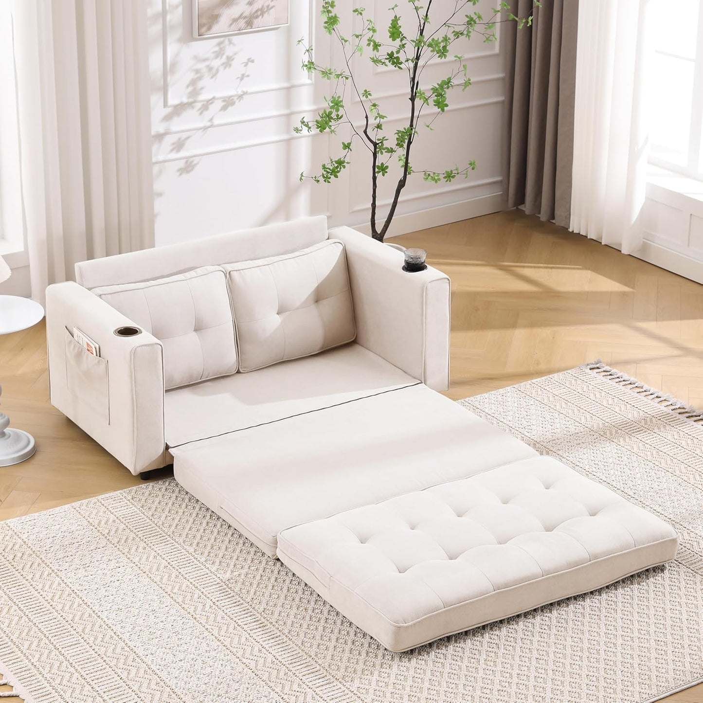 ERYE Modern Upholstered Loveseat Sofa Foldable Convertible Floor Sofabed W/Cupholders and Pockets, 3 Fold Tufted Futon Lounge Sofa with Pull Out Sleeper Couch Bed for Living Room Bedroom Studio