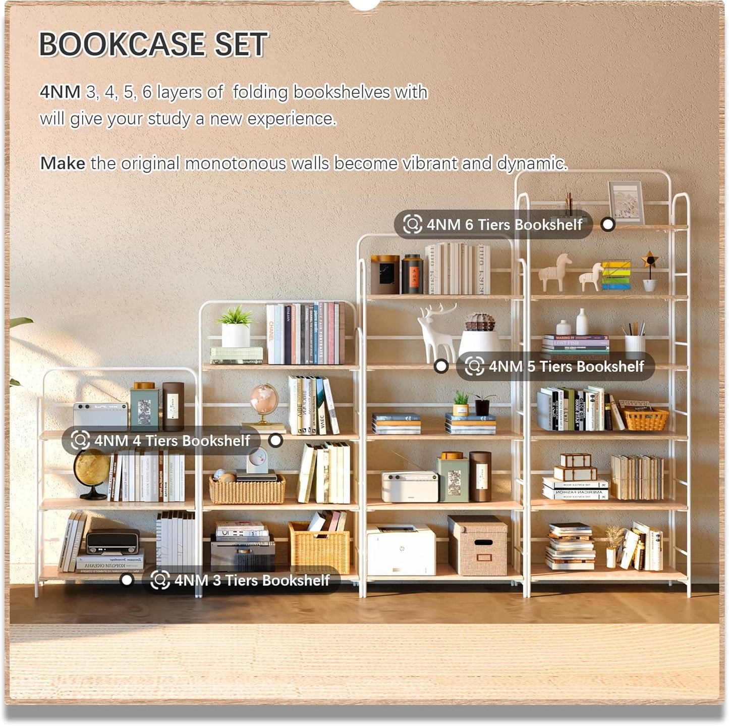 4NM No Assembly Folding Bookshelf 6 Tiers Vintage Industrial White Book Shelf Metal Foldable Storage Bookcase and Bookshelves for Living Room,Bedroom and Kitchen - Natural