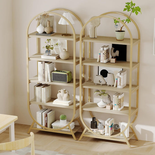 Bookshelf Arched Bookcase Set 2, 5 Tier Open Freestanding Display Shelf for Home Office, Living Room, Gold & Nature Wood