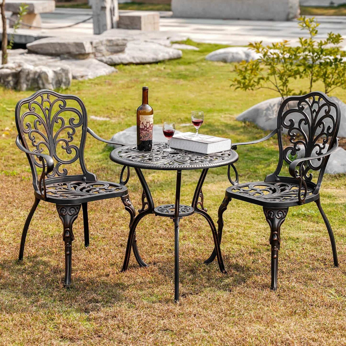 Outdoor Bistro Table and Chairs Set of 2 Cast Aluminum Patio Bistro Set with Umbrella Hole, All Weather Bistro Table Set for Garden, Suitable for All People, Bronze