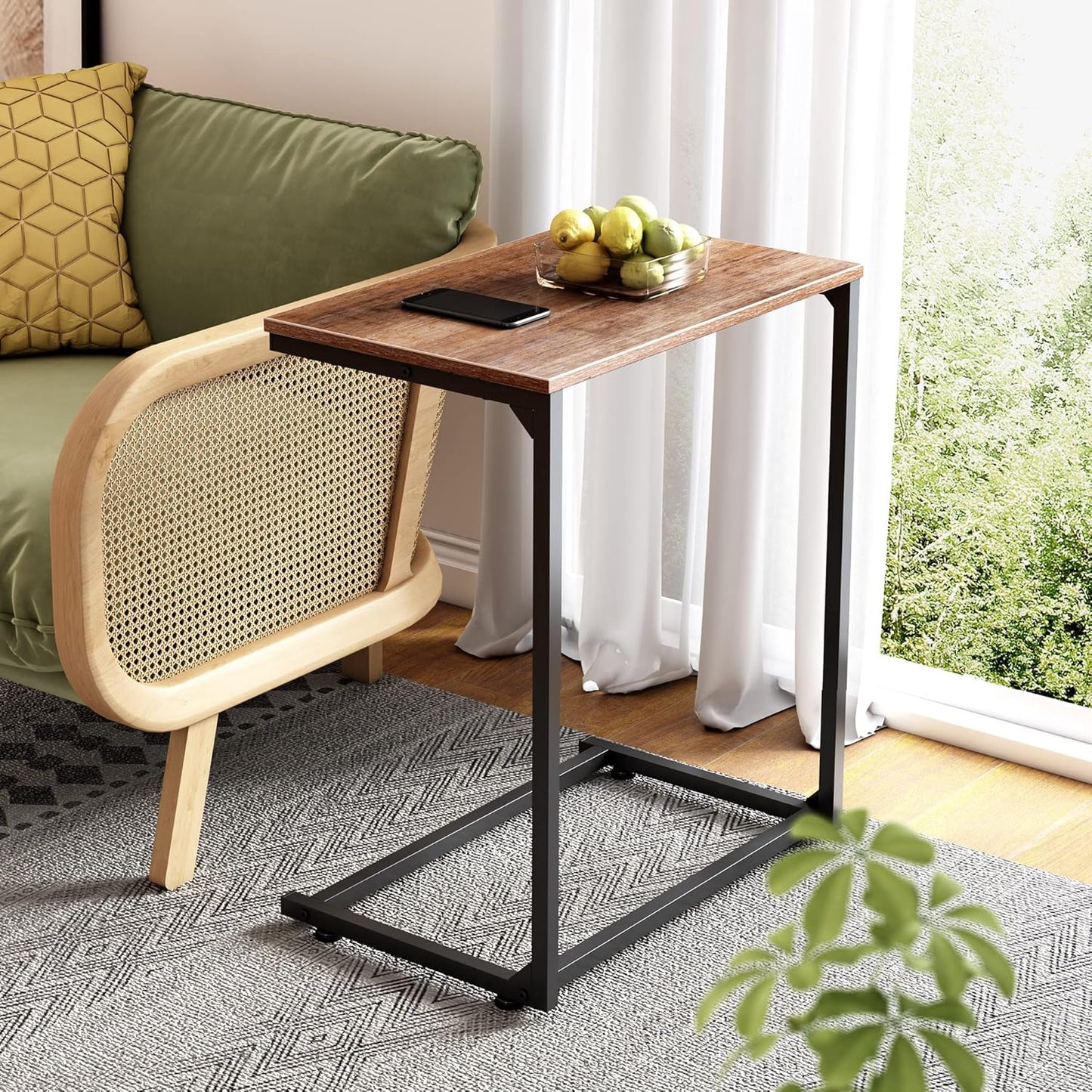 WLIVE Wide Snack Side Table, C Shaped End Table for Sofa Couch and Bed, Laptop Table, Work from Home, 26 Inch Tall, Light Brown