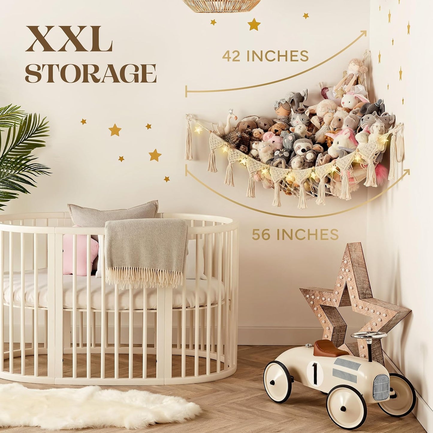 Stuffed Animal Hammock Corner | Sturdy Handcrafted Stuffed Animal Net | 4mm Double Macrame Cord Stuffed Animal Holder | Natural 100% Cotton Plushie Net | Toy Hammock w/LED Light (Ice Cream)