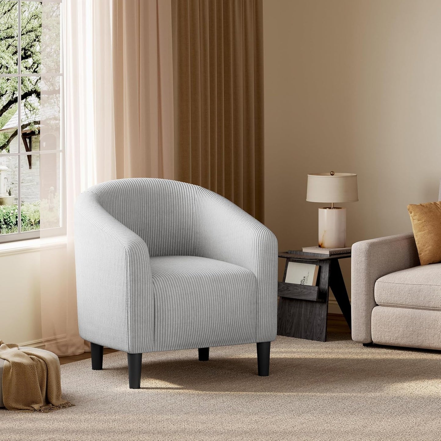 Yaheetech Accent Barrel Chair, Corduroy Fabric Club Chair, Furry Sherpa Elegant Armchair with Cozy Soft Padded for Living Room Bedroom Reception Room Office, Light Gray