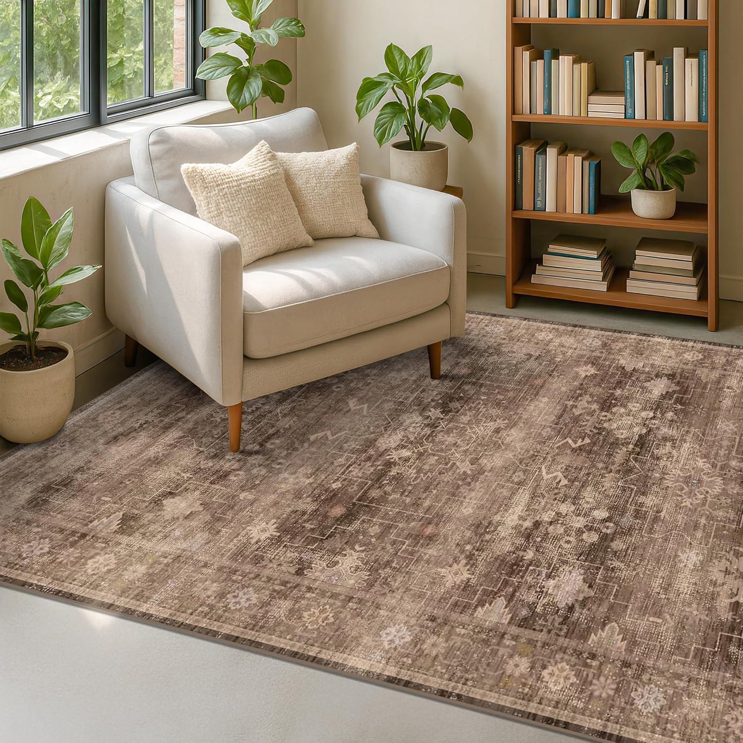 Boho Taupe Brown 4x6 Living Room Rug - Modern Traditional Oriental Neutral, Washable Low Pile Non-Slip Small Area Rugs for Entryway, Bedroom, Foyer, Mudroom