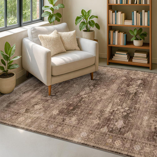Boho Taupe Brown 4x6 Living Room Rug - Modern Traditional Oriental Neutral, Washable Low Pile Non-Slip Small Area Rugs for Entryway, Bedroom, Foyer, Mudroom