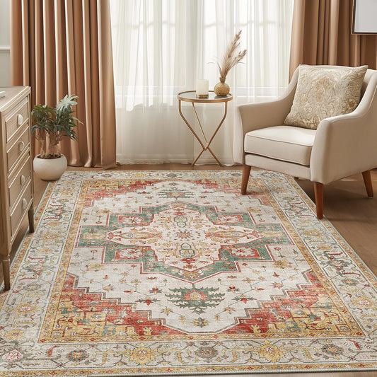 8X10 Area Rugs Machine Washable Rugs for Living Room, Vintage Boho Large Rugs for Bedroom Dining Room, Non Slip Indoor Soft Distressed Lightweight Thin Low Pile Carpet, Yellow Slate Green