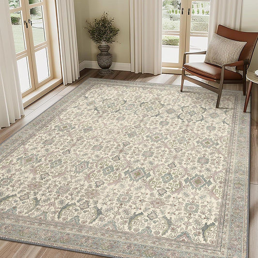 8X10 Area Rugs Machine Washable Rugs for Living Room, Vintage Boho Large Rugs for Bedroom Dining Room, Non Slip Indoor Soft Distressed Lightweight Thin Low Pile Carpet, Cream